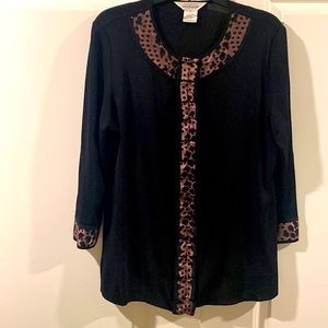 Black Misook jacket with leopard print trim.